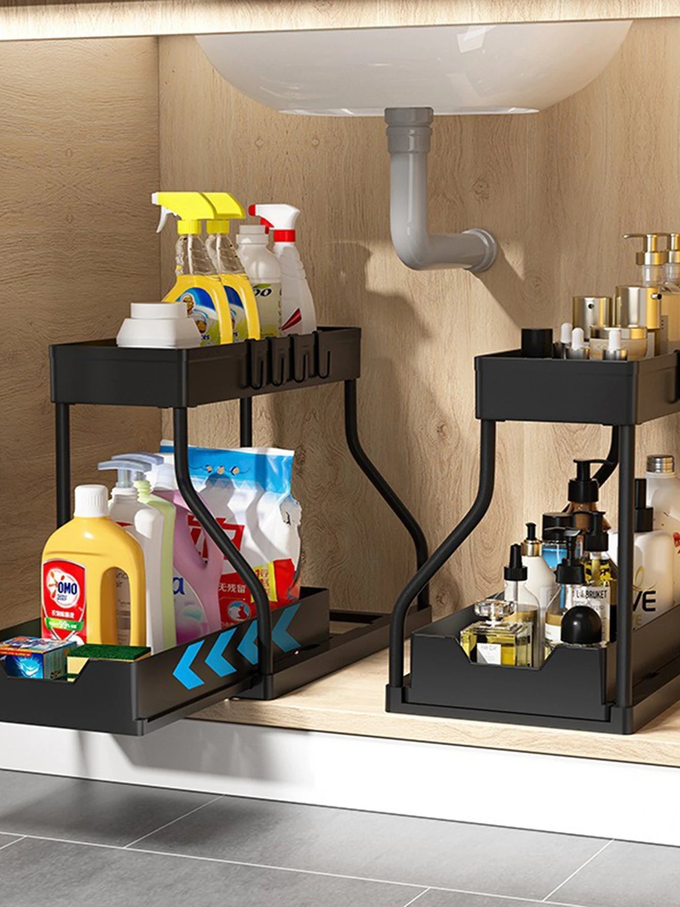 Organisateur à 2 niveaux coulissant – Rangement sous évier pour cuisine, salle de bain, épices, cosmétiques, salon, placard ou armoire - Orgnestly