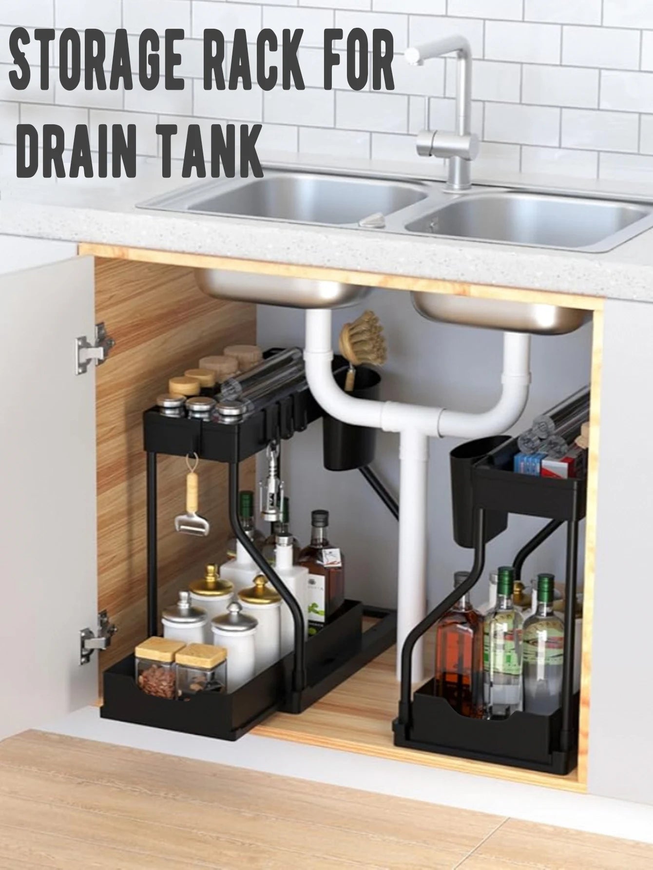 Organisateur à 2 niveaux coulissant – Rangement sous évier pour cuisine, salle de bain, épices, cosmétiques, salon, placard ou armoire - Orgnestly