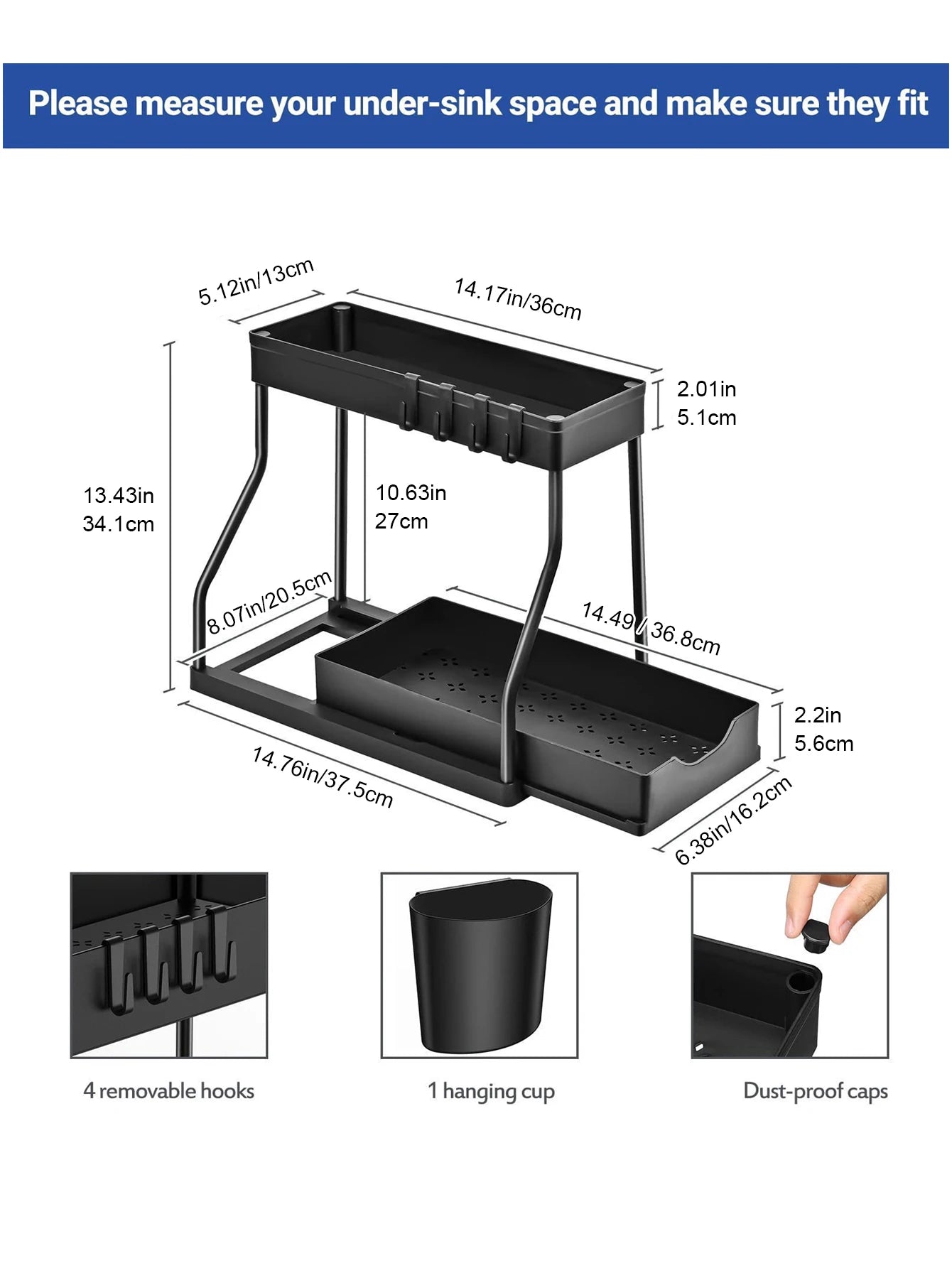 Organisateur à 2 niveaux coulissant – Rangement sous évier pour cuisine, salle de bain, épices, cosmétiques, salon, placard ou armoire - Orgnestly