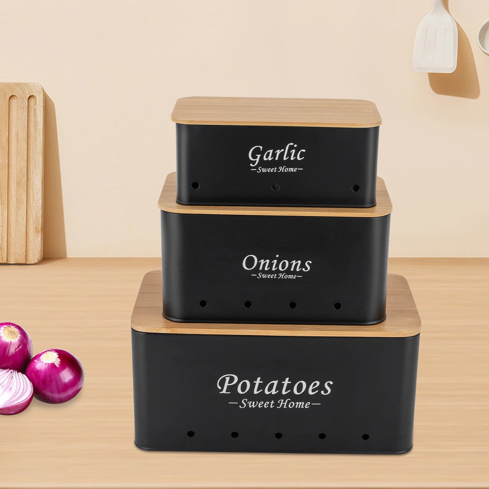 🥔🧅🧄 Lot de 3 Boîtes de Rangement avec Couvercle – Pommes de Terre, Oignons &amp; Ail | Organisation Cuisine Élégante | Couleur Noire - Orgnestly