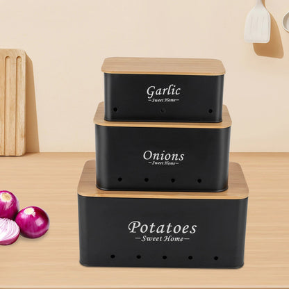🥔🧅🧄 Lot de 3 Boîtes de Rangement avec Couvercle – Pommes de Terre, Oignons &amp; Ail | Organisation Cuisine Élégante | Couleur Noire - Orgnestly