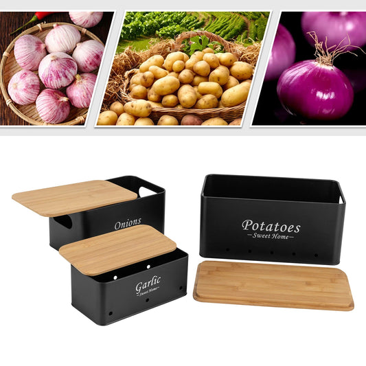 🥔🧅🧄 Lot de 3 Boîtes de Rangement avec Couvercle – Pommes de Terre, Oignons &amp; Ail | Organisation Cuisine Élégante | Couleur Noire - Orgnestly