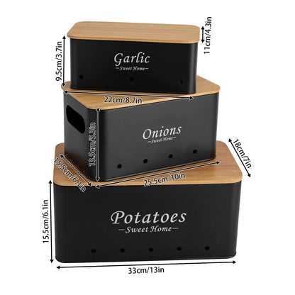 🥔🧅🧄 Lot de 3 Boîtes de Rangement avec Couvercle – Pommes de Terre, Oignons &amp; Ail | Organisation Cuisine Élégante | Couleur Noire - Orgnestly
