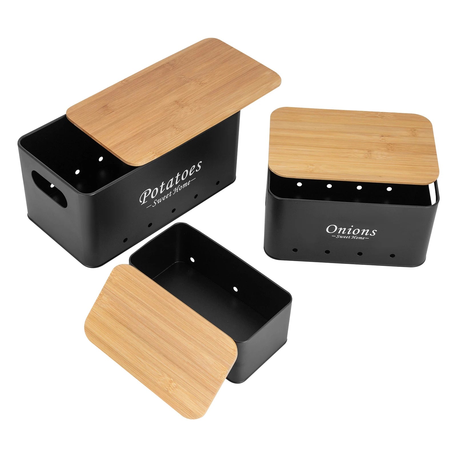 🥔🧅🧄 Lot de 3 Boîtes de Rangement avec Couvercle – Pommes de Terre, Oignons &amp; Ail | Organisation Cuisine Élégante | Couleur Noire - Orgnestly