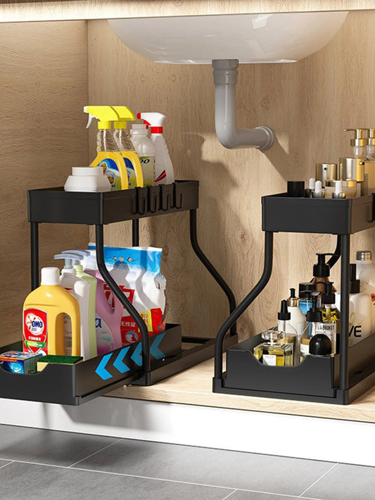 Organisateur à 2 niveaux coulissant – Rangement sous évier pour cuisine, salle de bain, épices, cosmétiques, salon, placard ou armoire - Orgnestly