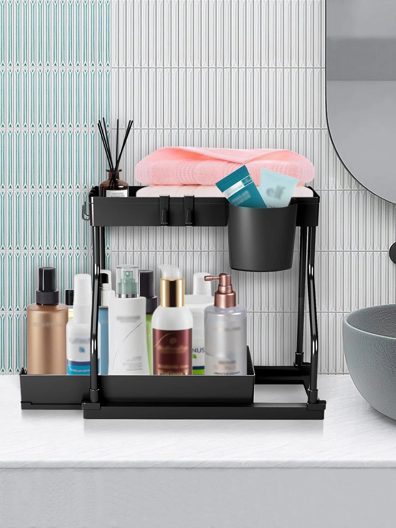 Organisateur à 2 niveaux coulissant – Rangement sous évier pour cuisine, salle de bain, épices, cosmétiques, salon, placard ou armoire - Orgnestly