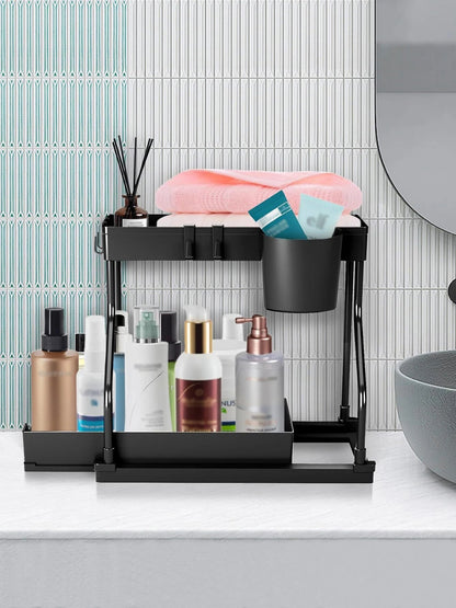 Organisateur à 2 niveaux coulissant – Rangement sous évier pour cuisine, salle de bain, épices, cosmétiques, salon, placard ou armoire - Orgnestly