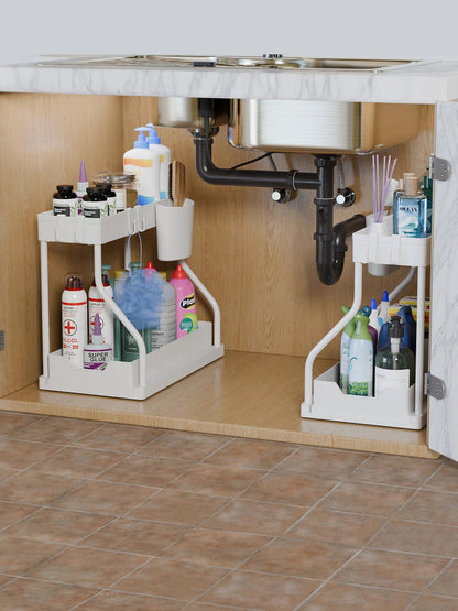 Organisateur à 2 niveaux coulissant – Rangement sous évier pour cuisine, salle de bain, épices, cosmétiques, salon, placard ou armoire - Orgnestly