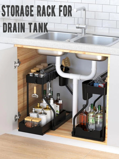 Organisateur à 2 niveaux coulissant – Rangement sous évier pour cuisine, salle de bain, épices, cosmétiques, salon, placard ou armoire - Orgnestly