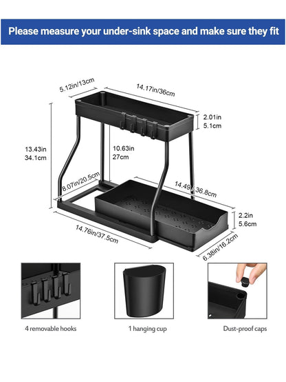 Organisateur à 2 niveaux coulissant – Rangement sous évier pour cuisine, salle de bain, épices, cosmétiques, salon, placard ou armoire - Orgnestly
