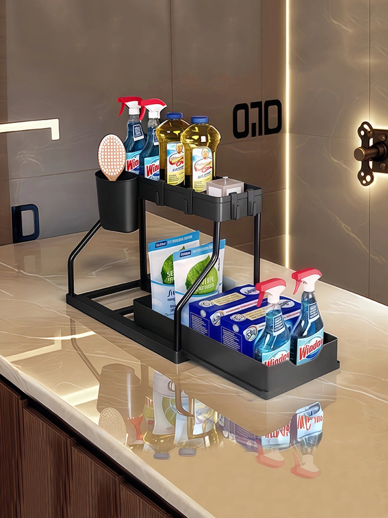 Organisateur à 2 niveaux coulissant – Rangement sous évier pour cuisine, salle de bain, épices, cosmétiques, salon, placard ou armoire - Orgnestly