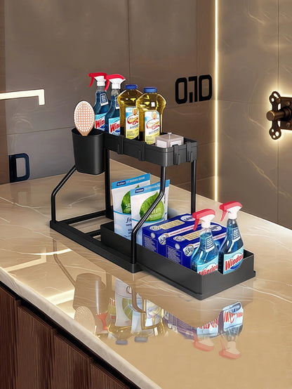 Organisateur à 2 niveaux coulissant – Rangement sous évier pour cuisine, salle de bain, épices, cosmétiques, salon, placard ou armoire - Orgnestly