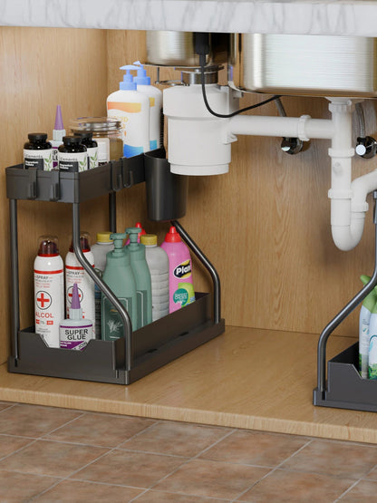 Organisateur à 2 niveaux coulissant – Rangement sous évier pour cuisine, salle de bain, épices, cosmétiques, salon, placard ou armoire - Orgnestly