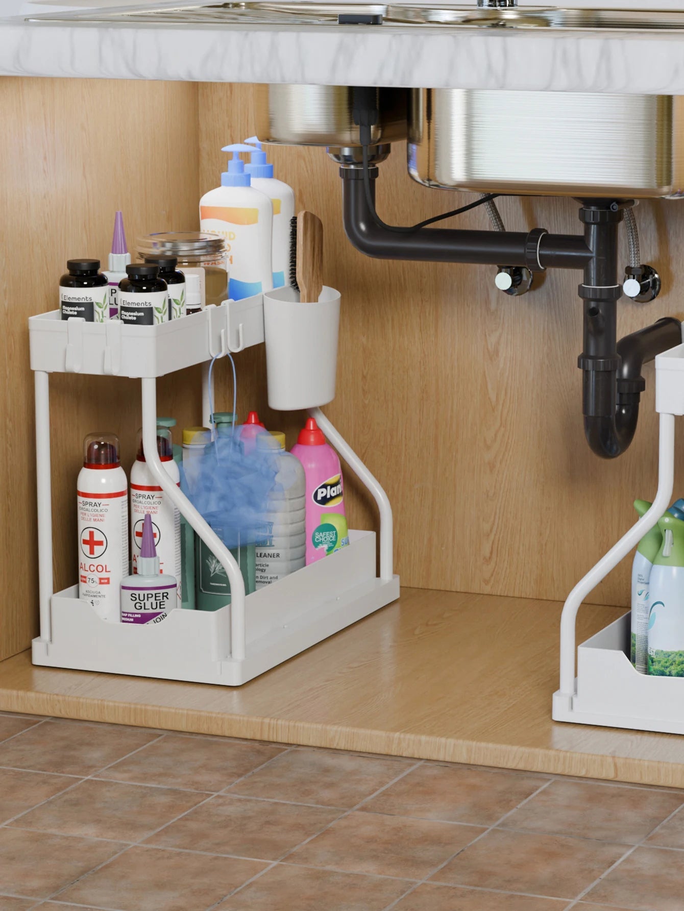 Organisateur à 2 niveaux coulissant – Rangement sous évier pour cuisine, salle de bain, épices, cosmétiques, salon, placard ou armoire - Orgnestly