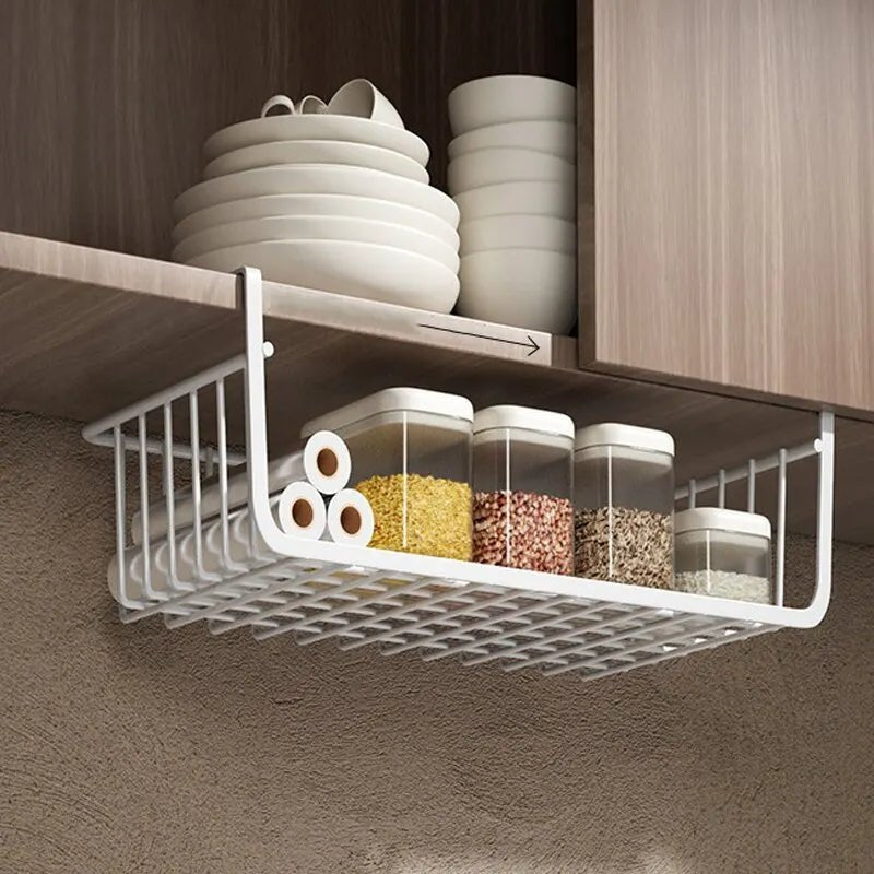 Panier Suspendu en Métal – Grande Capacité, Fixation Sous Étagère ou Murale, Pour Cuisine, Armoire ou Placard (Blanc / Noir) - Orgnestly