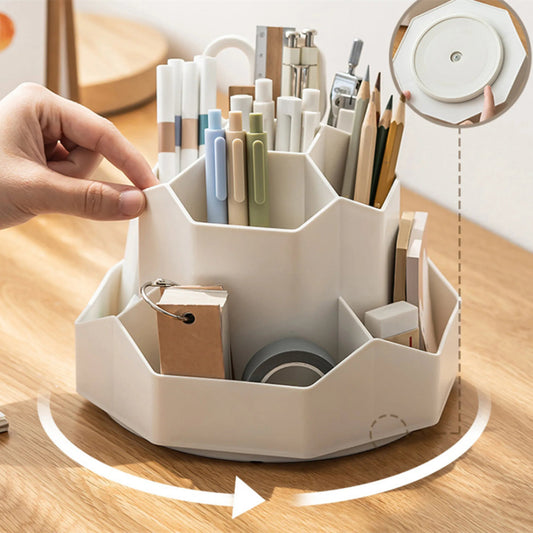 🖊️ Porte - Stylo Rotatif 360° Blanc/Rose – Organisateur de Bureau 9 Compartiments Grande Capacité - Orgnestly