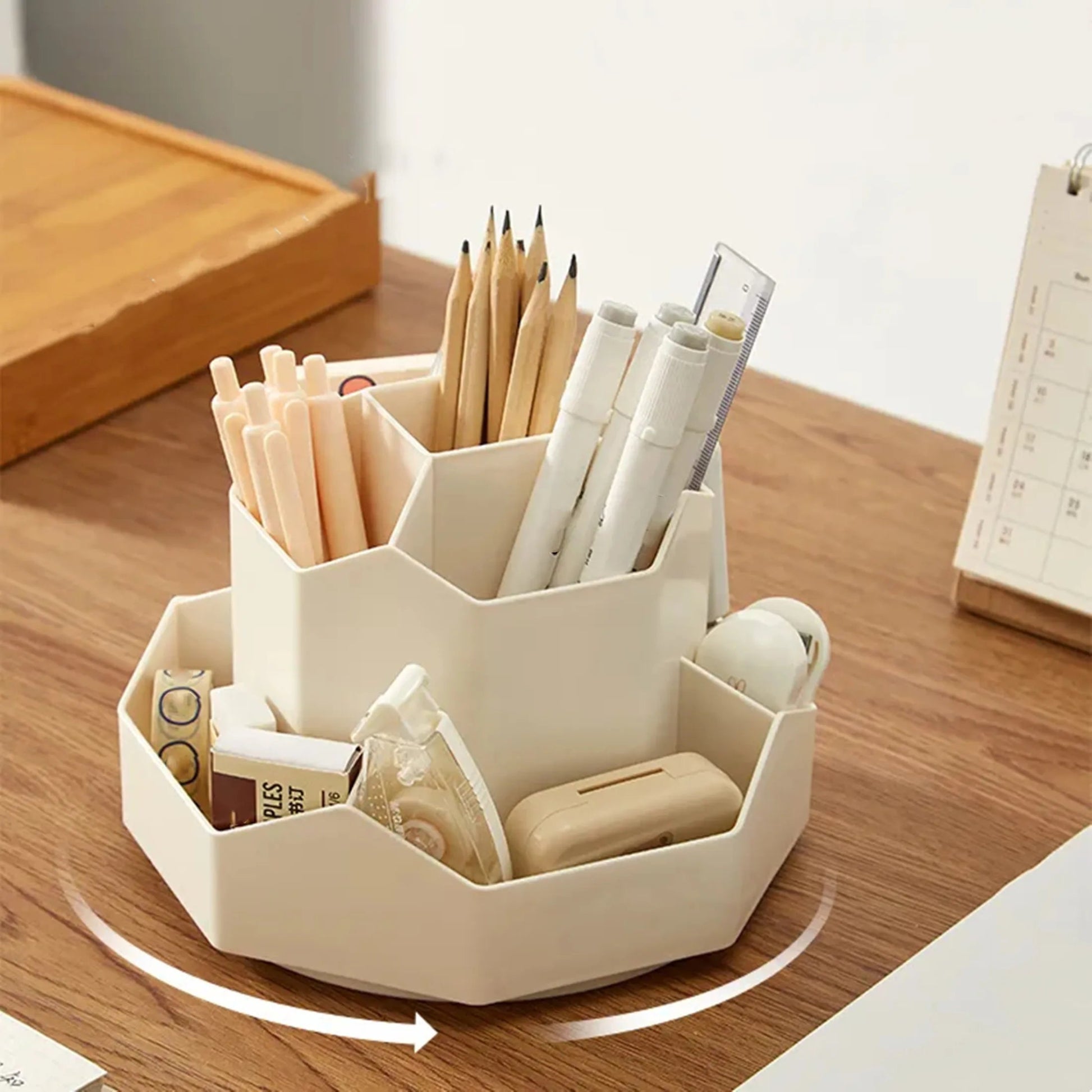 🖊️ Porte - Stylo Rotatif 360° Blanc/Rose – Organisateur de Bureau 9 Compartiments Grande Capacité - Orgnestly