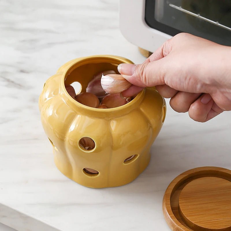 Pot de Rangement Cuisine en Céramique en Forme de Citrouille avec Couvercle en Bambou – Boîte de Rangement Gingembre et Ail - Orgnestly