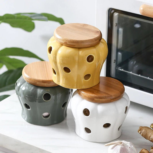 Pot de Rangement Cuisine en Céramique en Forme de Citrouille avec Couvercle en Bambou – Boîte de Rangement Gingembre et Ail - Orgnestly