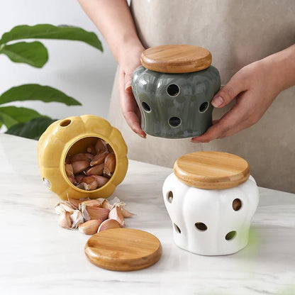Pot de Rangement Cuisine en Céramique en Forme de Citrouille avec Couvercle en Bambou – Boîte de Rangement Gingembre et Ail - Orgnestly