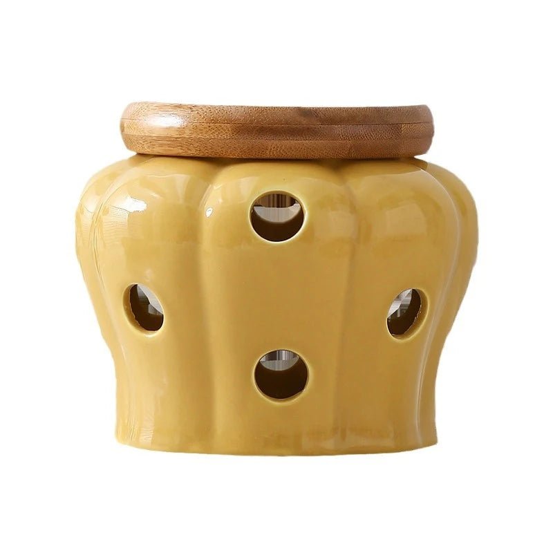 Pot de Rangement Cuisine en Céramique en Forme de Citrouille avec Couvercle en Bambou – Boîte de Rangement Gingembre et Ail - Orgnestly