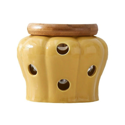 Pot de Rangement Cuisine en Céramique en Forme de Citrouille avec Couvercle en Bambou – Boîte de Rangement Gingembre et Ail - Orgnestly