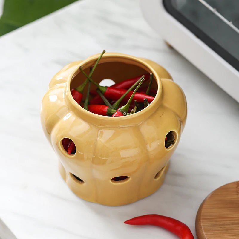 Pot de Rangement Cuisine en Céramique en Forme de Citrouille avec Couvercle en Bambou – Boîte de Rangement Gingembre et Ail - Orgnestly
